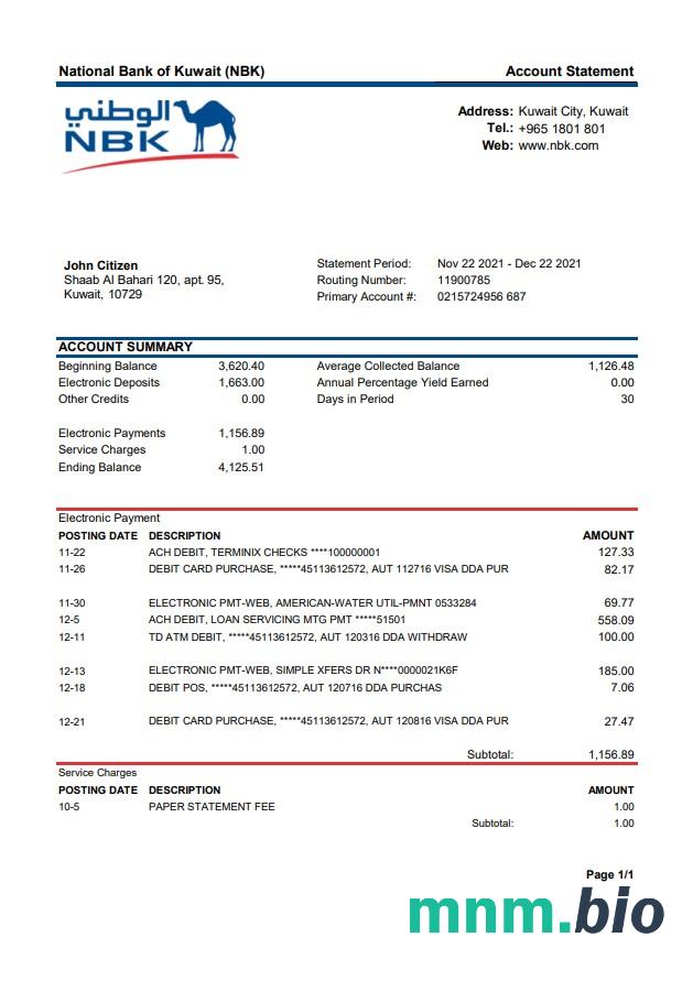 Szablon wyciągu bankowego z zatoki kuwejckiej w programie Word i PDF